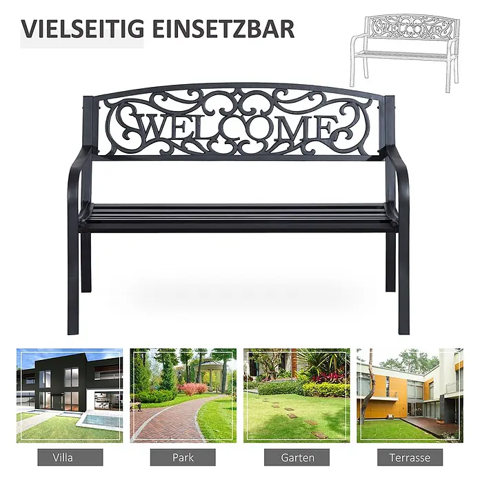 Outsunny Gartenbank - Eisen, pulverbeschichtet, Schwarz - Schwarze Metallgartenbank mit „WELCOME“-Design auf der Rückenlehne, vielseitig einsetzbar für Außenbereiche.