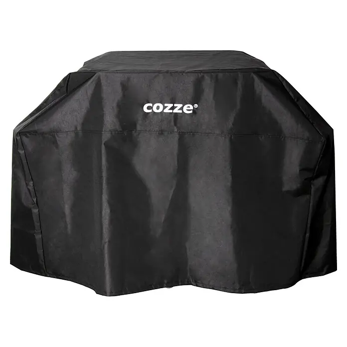 Cozze Grill-Schutzhülle - Passend für: Cozze Plancha Grill 800 inkl. Rollwagen, Kunststoff - Schwarze Grillabdeckung aus Stoff mit „cozze“-Logo, von hinten gezeigt.