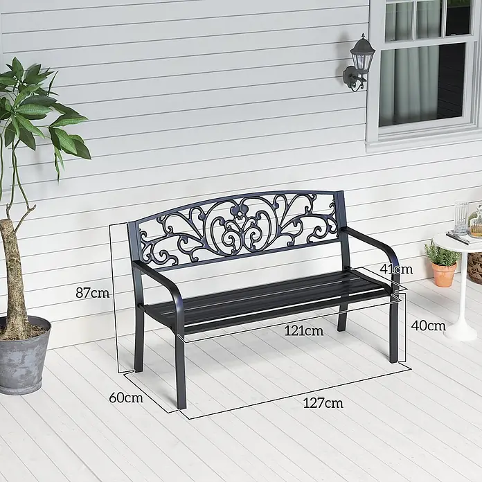 Outsunny Gartenbank Schwarz, 127cm x 60cm x 87cm - Stahl, Schwarz - Schwarze Metallgartenbank mit verschnörkelter Rückenlehne, geeignet für Terrassen im Freien.
