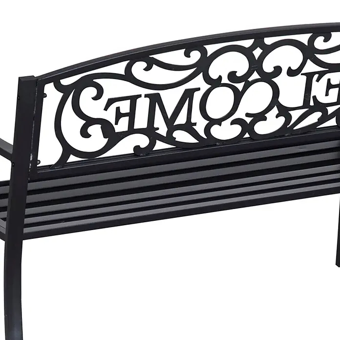 Outsunny Gartenbank - Eisen, pulverbeschichtet, Schwarz - Schwarze Metallgartenbank mit dekorativer schmiedeeiserner Rückenlehne und dem Schriftzug 'WELCOME'.