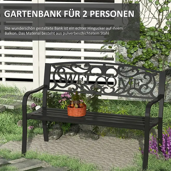 Outsunny Gartenbank - Eisen, pulverbeschichtet, Schwarz - Schwarze Gartenbank aus pulverbeschichtetem Stahl für 2 Personen, mit verzierter Rückenlehne und "WELCOME"-Schriftzug.