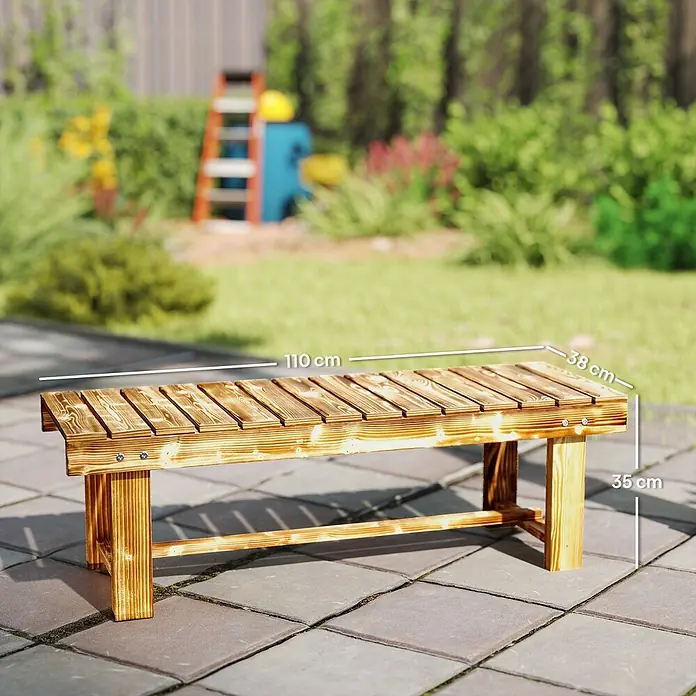 Outsunny Gartenbank - B x T x H: 38 x 38 x 35 cm, Tannenholz, Verkohlt - Holzgartenbank auf gepflasterter Terrasse, 110 cm lang, 38 cm breit, 35 cm hoch.