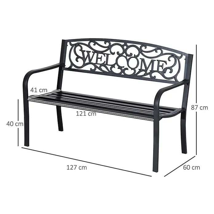 Outsunny Gartenbank - Eisen, pulverbeschichtet, Schwarz - Schwarze Metallgartenbank mit verschnörkeltem 'WELCOME'-Rückenlehne und Lattenrostsitz.