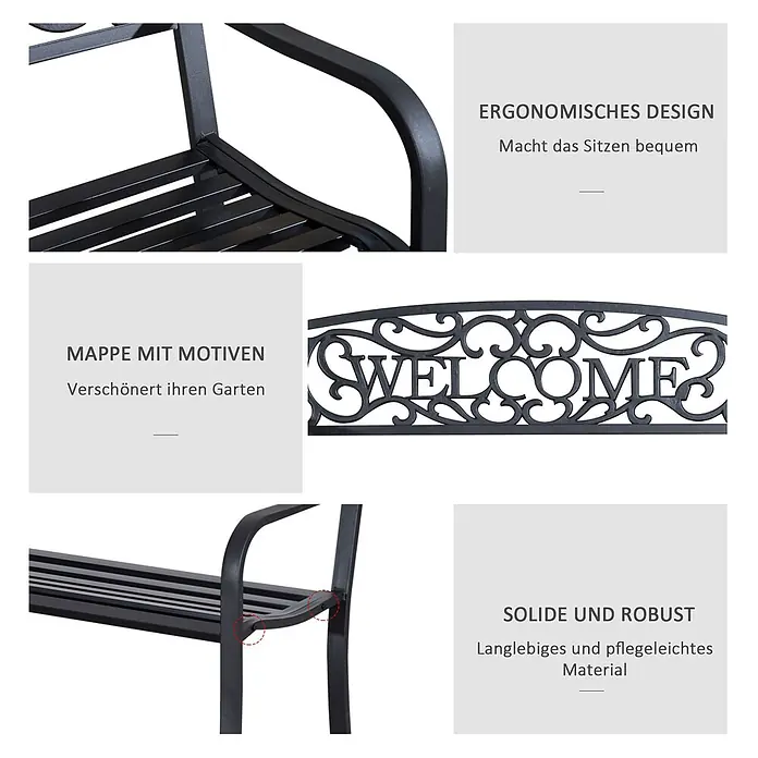 Outsunny Gartenbank - Eisen, pulverbeschichtet, Schwarz - Schwarze Metallgartenbank mit ergonomischen Armlehnen und dekorativer 'WELCOME'-Rückenlehne, die ihre robuste Bauweise hervorhebt.