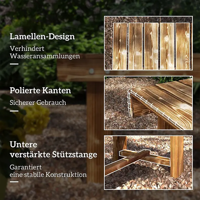 Outsunny Gartenbank - B x T x H: 38 x 38 x 35 cm, Tannenholz, Verkohlt - Hellbraune Holzkonstruktion für den Außenbereich mit Lattenrost, polierten Kanten und einer verstärkten unteren Stützstange für Stabilität und Wasserablauf.