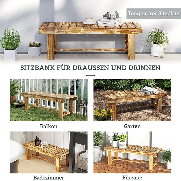 Outsunny Gartenbank - B x T x H: 38 x 38 x 35 cm, Tannenholz, Verkohlt - Vielseitige Holzlattenbank für drinnen/draußen, als temporärer Sitzplatz oder Ablage gezeigt.