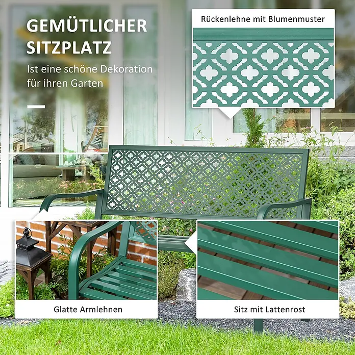Outsunny Gartenbank - B x T x H: 63 x 63 x 83 cm, Stahl, Dunkelgrün - Grüne Metall-Gartenbank mit dekorativer Blumenmuster-Rückenlehne, glatten Armlehnen und Lattenrost-Sitz im Garten.