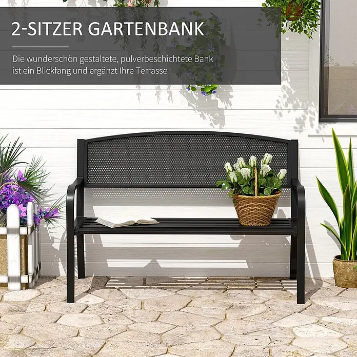 Furnicato Gartenbank pulverbeschichtet - B x T x H: 60 x 127 x 87 cm, Legierter Stahl, Schwarz - Schwarze 2-Sitzer pulverbeschichtete Gartenbank mit perforierter Rückenlehne, auf einer Terrasse platziert.