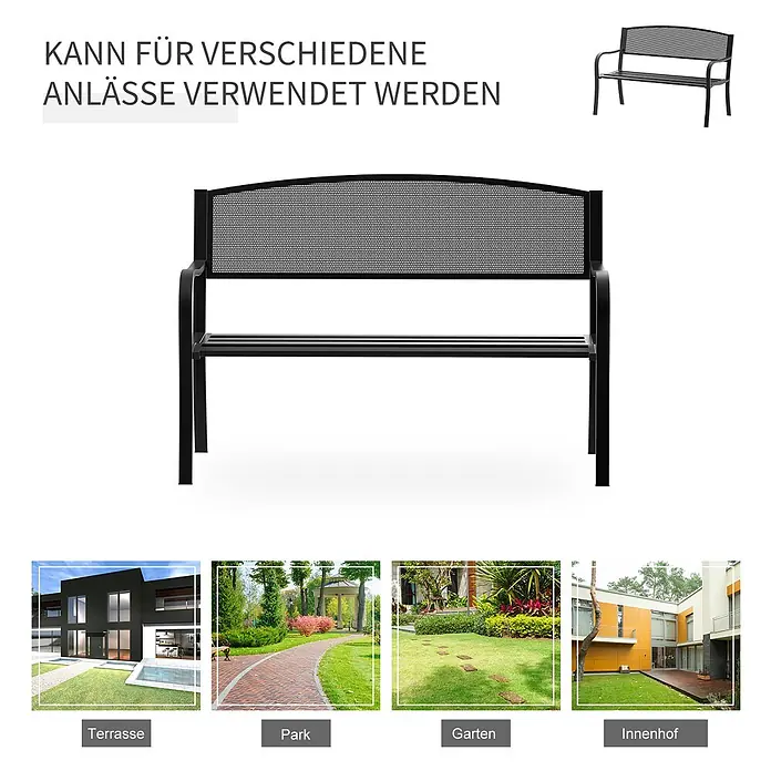 Furnicato Gartenbank pulverbeschichtet - B x T x H: 60 x 127 x 87 cm, Legierter Stahl, Schwarz - Schwarze Gartenbank aus Metall, geeignet für verschiedene Außenbereiche wie Terrassen, Parks, Gärten und Innenhöfe.