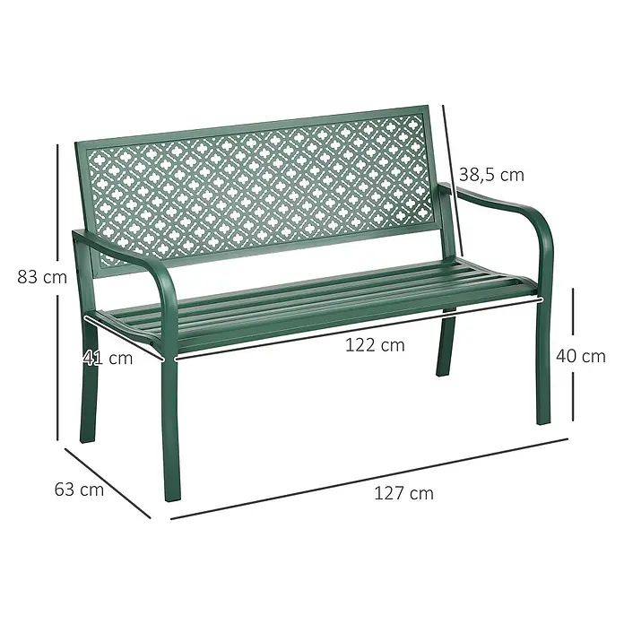 Outsunny Gartenbank - B x T x H: 63 x 63 x 83 cm, Stahl, Dunkelgrün - Grüne Metallgartenbank mit dekorativer Rückenlehne und Armlehnen, Maße angegeben.