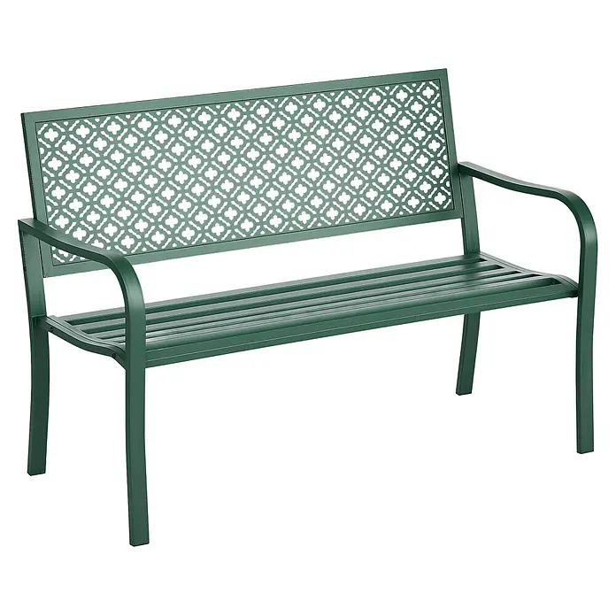Outsunny Gartenbank - B x T x H: 63 x 63 x 83 cm, Stahl, Dunkelgrün - Grüne Metall-Gartenbank mit Lattenrost und gemusterter Rückenlehne mit Kleeblatt-Design.