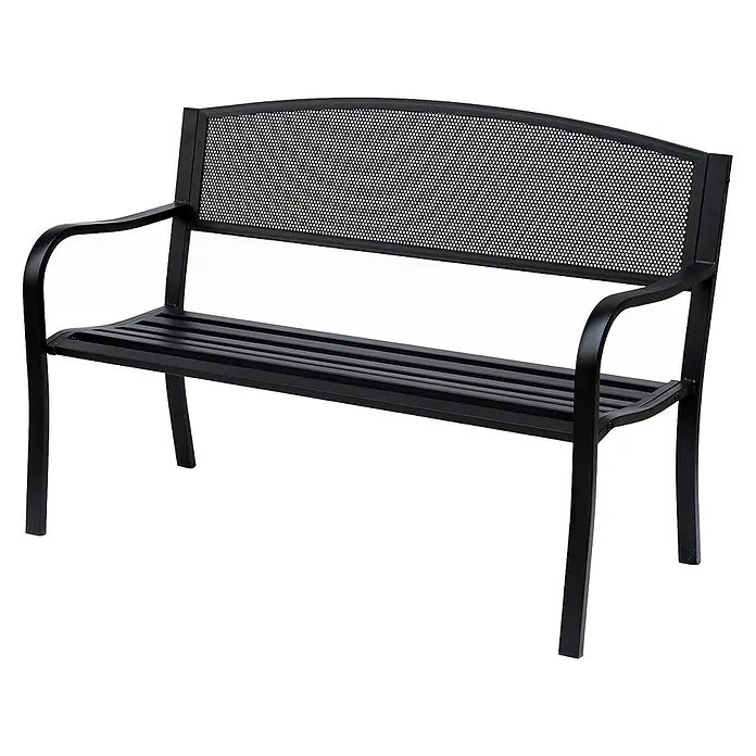 Furnicato Gartenbank pulverbeschichtet - B x T x H: 60 x 127 x 87 cm, Legierter Stahl, Schwarz - Schwarze Metallgartenbank mit Lattenrostsitz, gelochter Netzrückenlehne und gebogenen Armlehnen.