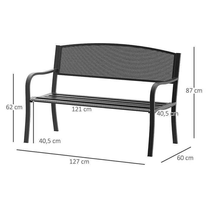 Outsunny Gartenbank Schwarz, 127cm x 60cm x 87cm - Stahl, Schwarz - Schwarze Metallgartenbank mit Lattenrostsitzfläche und Netzrückenlehne.