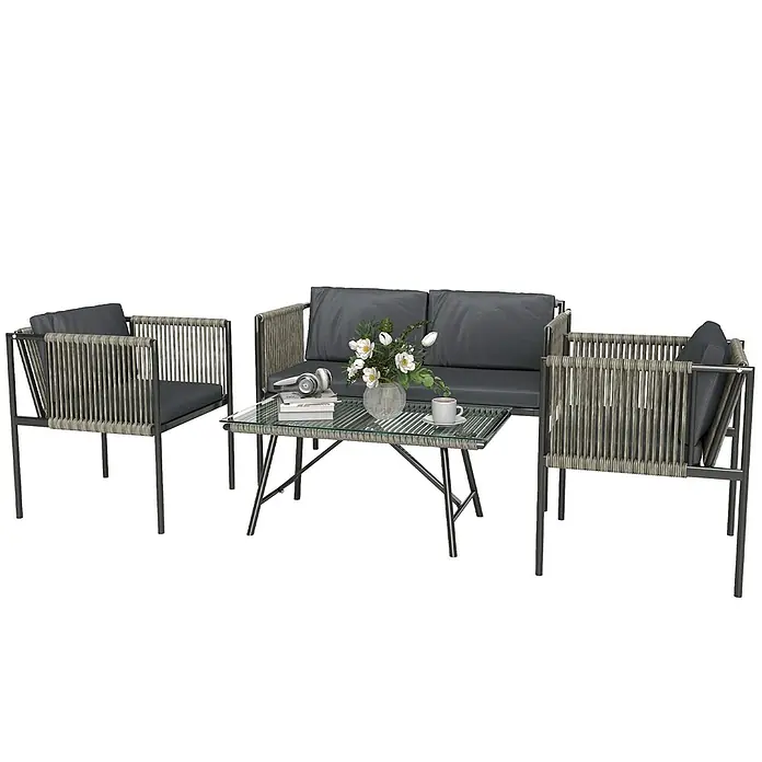 Outsunny Loungemöbel-Set - 4 -tlg., Stahl, PE-Rattan, Polyester, gehärtetes Glas, Schaumstoff, Sitzkissen, Grau - Outdoor Lounge-Set mit dunkelgrauen Kissen, grauem Seilgeflecht-Metallrahmen-Sofa, zwei Sesseln und einem Couchtisch mit Glasplatte.