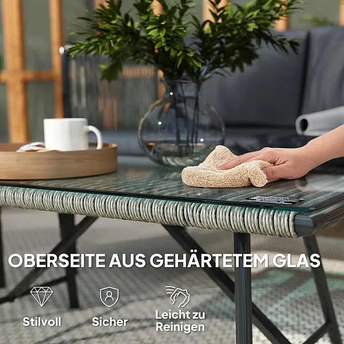 Outsunny Loungemöbel-Set - 4 -tlg., Stahl, PE-Rattan, Polyester, gehärtetes Glas, Schaumstoff, Sitzkissen, Grau - Moderner Gartentisch mit gehärteter Glasplatte und geflochtenem Gestell. Merkmale: stilvoll, sicher, leicht zu reinigen.