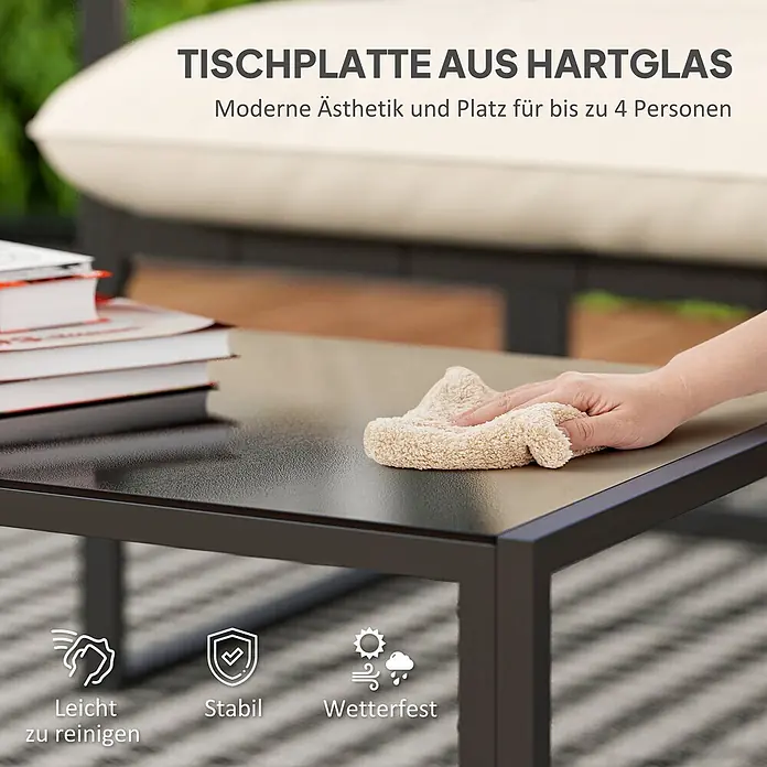 Outsunny Loungemöbel-Set - 4 -tlg., Stahl, Polyester, Schaumstoff, Sitzkissen, Grau+Beige - Dunkelgrauer Gartentisch mit Hartglasplatte, wird abgewischt. Modern, stabil, wetterfest und für bis zu 4 Personen.