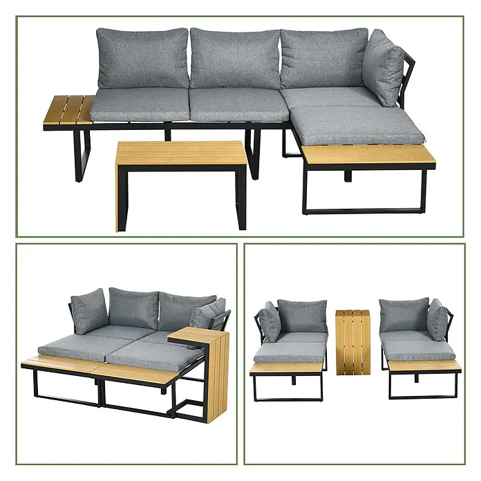 Outsunny Loungemöbel-Set - 3 -tlg., Aluminium, PS, Polyester, Sitzkissen, Hellgrau - Modulares Outdoor-Sofa-Set mit grauen Kissen, hellen Holzoberflächen und schwarzem Metallrahmen. Als Ecksofa oder separate Sitze mit Tisch anordenbar.