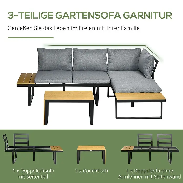 Outsunny Loungemöbel-Set - 3 -tlg., Aluminium, PS, Polyester, Sitzkissen, Hellgrau - 3-teilige Gartensitzgruppe mit grauen Polstern, schwarzem Metallgestell und Holzelementen.