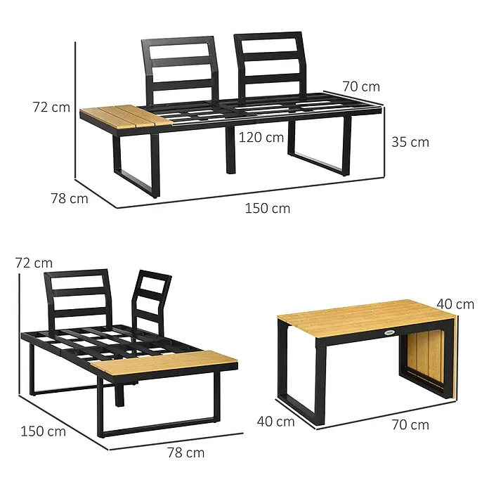 Outsunny Loungemöbel-Set - 3 -tlg., Aluminium, PS, Polyester, Sitzkissen, Hellgrau - Schwarze Metall-Gartenbank mit hellen Holzlatten, als Tagesbett umbaubar, mit passendem Beistelltisch und Maßen.