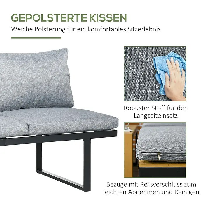 Outsunny Loungemöbel-Set - 3 -tlg., Aluminium, PS, Polyester, Sitzkissen, Hellgrau - Graues Polsterkissen auf schwarzem Metallgestell, mit wasserabweisendem Stoff und abnehmbarem Bezug mit Reißverschluss.