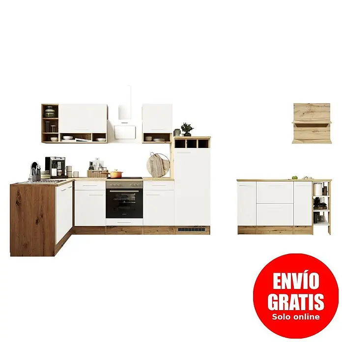 Respekta Cocina de isla Hilde - Ancho: 280 cm, Blanco, Mate, Con electrodomésticos - Cocina modular con muebles blancos, detalles de madera clara y fregadero de madera oscura.