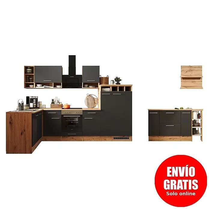 Respekta Cocina de isla Hilde - Ancho: 310 cm, Gris, Mate, Con electrodomésticos - Cocina modular moderna gris oscuro con encimeras/detalles efecto madera, incluye horno, fregadero y campana extractora.