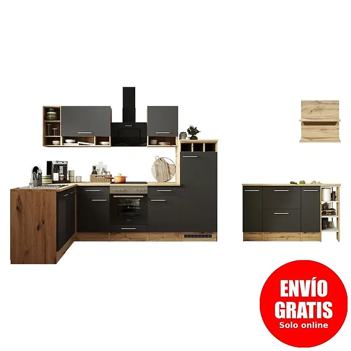 Respekta Cocina de isla Hilde - Ancho: 280 cm, Gris, Mate, Con electrodomésticos - Conjunto de cocina moderno en forma de L en antracita y madera clara, con muebles altos y bajos, horno, fregadero y unidad de almacenamiento separada.