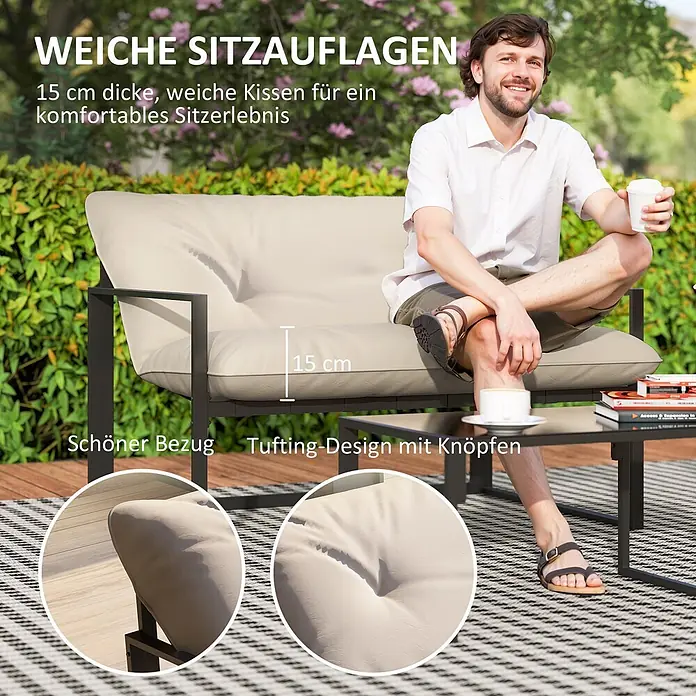 Outsunny Loungemöbel-Set - 4 -tlg., Stahl, Polyester, Schaumstoff, Sitzkissen, Grau+Beige - Outdoor-Zweisitzer-Sofa mit 15 cm dicken, weichen beigen Kissen im Tufting-Design für bequemes Sitzen.