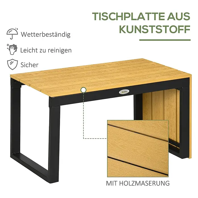 Outsunny Loungemöbel-Set - 3 -tlg., Aluminium, PS, Polyester, Sitzkissen, Hellgrau - Gartentisch mit hellbrauner Kunststoffplatte in Holzoptik und schwarzen Metallbeinen, wetterfest und leicht zu reinigen.