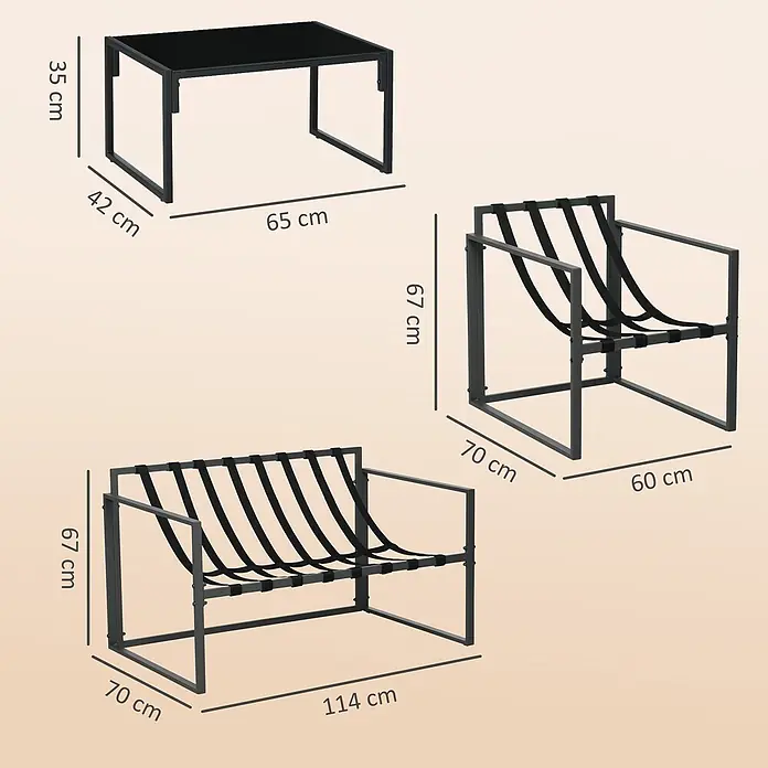 Outsunny Loungemöbel-Set - 4 -tlg., Stahl, Polyester, Schaumstoff, Sitzkissen, Grau+Beige - Set aus schwarzem Metallrahmen-Gartenmöbeln mit Couchtisch, Sessel und 2-Sitzer-Sofa mit schwarzen Gurten und Maßen.