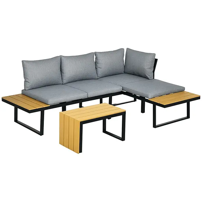 Outsunny Loungemöbel-Set - 3 -tlg., Aluminium, PS, Polyester, Sitzkissen, Hellgrau - L-förmiges Outdoor-Sofa-Set mit grauen Kissen, hellbraunen Lattenflächen und schwarzem Metallgestell, inklusive passendem Couchtisch.