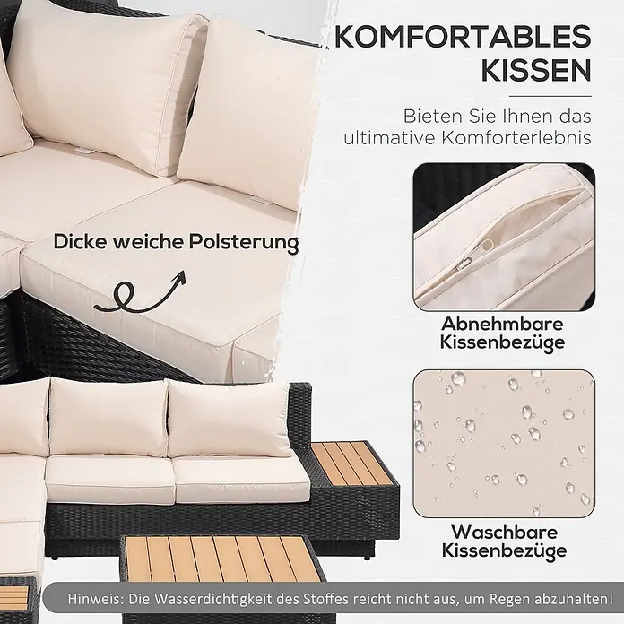 Outsunny Loungemöbel-Set - 4 -tlg., Polyrattan, Stahl, Polyester, Sitzkissen, Schwarz - Cremefarbene, dicke und weiche Polsterung eines Gartensofas. Die abnehmbaren Bezüge sind waschbar, aber nicht vollständig wasserdicht gegen Regen.