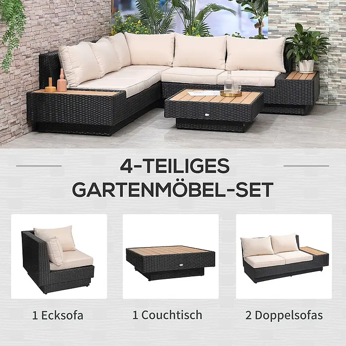 Outsunny Loungemöbel-Set - 4 -tlg., Polyrattan, Stahl, Polyester, Sitzkissen, Schwarz - Ein 4-teiliges Gartenmöbel-Set aus schwarzem Polyrattan mit beigen Kissen und Holztischplatten, L-förmig auf einer Terrasse arrangiert.