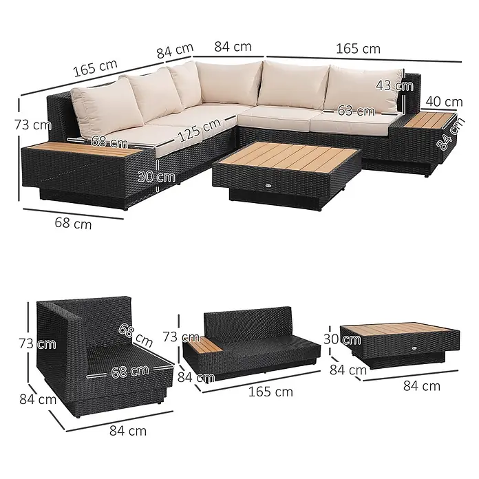 Outsunny Loungemöbel-Set - 4 -tlg., Polyrattan, Stahl, Polyester, Sitzkissen, Schwarz - Schwarze Rattan Gartenlounge mit beigefarbenen Kissen und Couchtisch mit Holzplatte, Maße angezeigt.