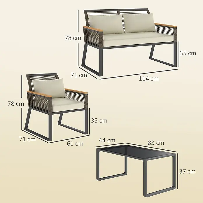 Outsunny Loungemöbel-Set - 4 -tlg., Stahl, PE-Rattan, Polyester, Hartglas, Polystyrol, Sitzkissen, Grau - Gartenlounge-Set: dunkles Metallgestell, geflochtene Details, Holzarmlehnen, helle Kissen. Besteht aus Zweisitzer-Sofa, Sessel und Couchtisch mit Glasplatte.