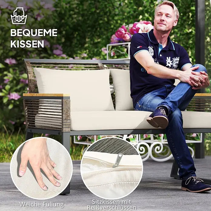 Outsunny Loungemöbel-Set - 4 -tlg., Stahl, PE-Rattan, Polyester, Hartglas, Polystyrol, Sitzkissen, Grau - Outdoor-Sofa mit cremefarbenen Kissen, weicher Füllung und abnehmbaren Bezügen mit Reißverschluss, mit sitzendem Mann.