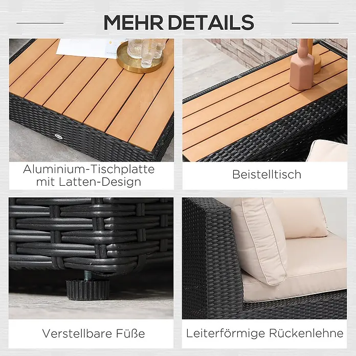 Outsunny Loungemöbel-Set - 4 -tlg., Polyrattan, Stahl, Polyester, Sitzkissen, Schwarz - Detaillierte Ansichten eines schwarzen Rattan-Gartenmöbel-Sets mit Aluminium-Latten-Tischplatte, verstellbaren Füßen und leiterförmiger Rückenlehne.