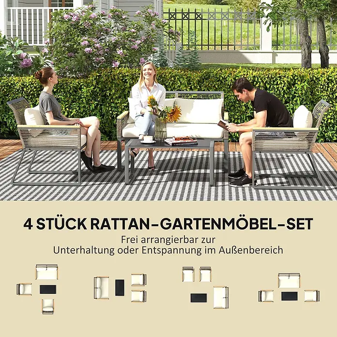 Outsunny Loungemöbel-Set - 4 -tlg., Stahl, PE-Rattan, Polyester, Hartglas, Polystyrol, Sitzkissen, Grau - Ein 4-teiliges Rattan-Gartenmöbel-Set im Freien, flexibel anordbar für Entspannung oder Unterhaltung.