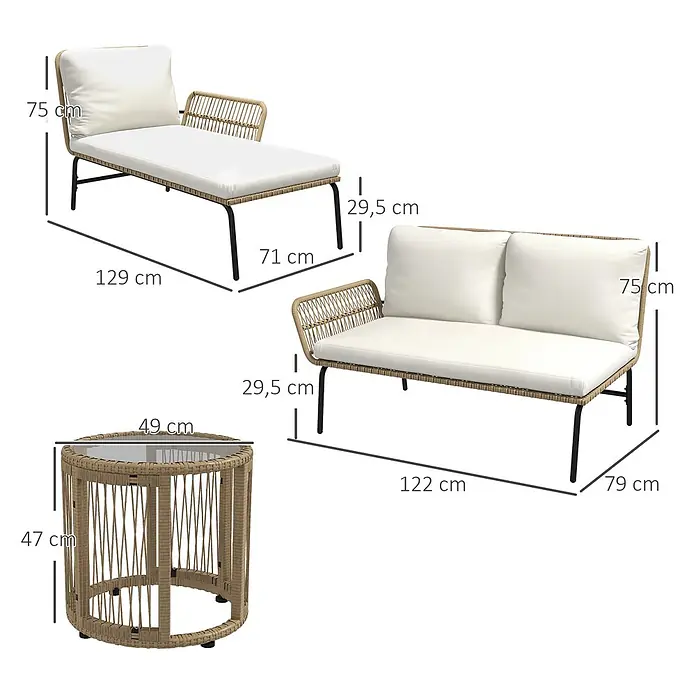 Outsunny Loungemöbel-Set - 3 -tlg., Metall, PE-Rattan, Polyester, Sitzkissen, Cremeweiß - Outdoor Lounge-Set mit hellbrauner Rattan-Chaiselongue, Zweisitzer-Sofa und Glastisch, mit schwarzen Beinen und weißen Kissen.