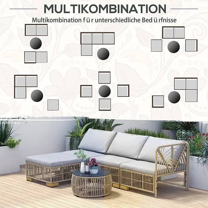 Outsunny Loungemöbel-Set - 5 -tlg., Stahl, PE-Rattan, Polyester, Sitzkissen, Beige+Grau - Modulares Outdoor-Rattan-Sofa-Set mit hellgrauen Kissen und rundem Couchtisch, in verschiedenen Konfigurationen und auf einer Terrasse.
