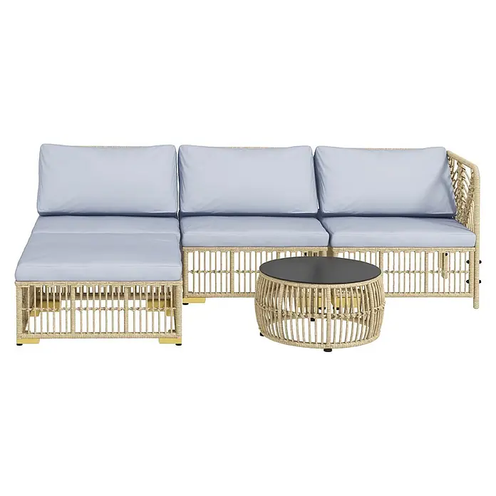Outsunny Loungemöbel-Set - 5 -tlg., Stahl, PE-Rattan, Polyester, Sitzkissen, Beige+Grau - Outdoor-Ecksofa mit hellblauen Kissen und beigem Korbsockel, dazu ein passender runder Korbsalontisch mit dunkler Platte.
