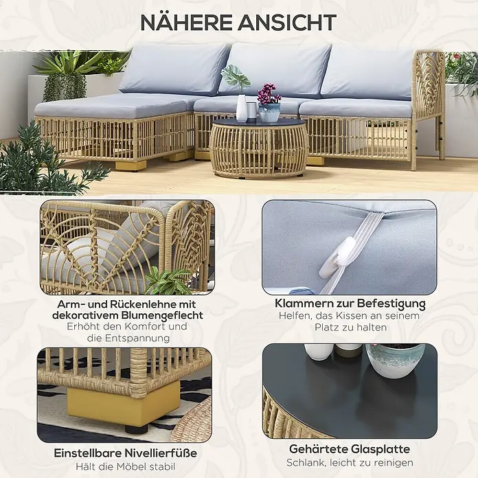 Outsunny Loungemöbel-Set - 5 -tlg., Stahl, PE-Rattan, Polyester, Sitzkissen, Beige+Grau - Outdoor-Sitzgruppe aus Polyrattan mit hellen Polstern und passendem Couchtisch. Mit dekorativem Geflecht, Kissenklammern, verstellbaren Füßen, Glasplatte.