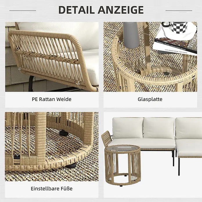 Outsunny Loungemöbel-Set - 3 -tlg., Metall, PE-Rattan, Polyester, Sitzkissen, Cremeweiß - Outdoor-Möbelset aus beigefarbenem PE-Rattan mit Glastischplatte und verstellbaren Füßen.
