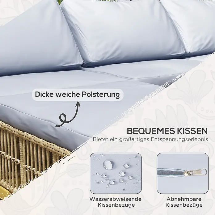 Outsunny Loungemöbel-Set - 5 -tlg., Stahl, PE-Rattan, Polyester, Sitzkissen, Beige+Grau - Dicke, hellgraue, wasserabweisende Kissen auf einem Korbflechtsofa mit abnehmbaren Bezügen für bequemes Sitzen.