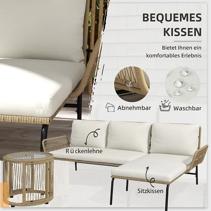 Outsunny Loungemöbel-Set - 3 -tlg., Metall, PE-Rattan, Polyester, Sitzkissen, Cremeweiß - Beige Rattan-Gartensofa mit weißen Kissen und passendem Beistelltisch. Kissen sind abnehmbar, waschbar und wasserabweisend für hohen Komfort.