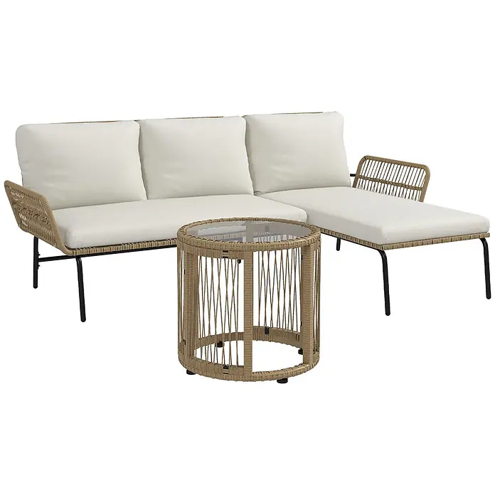 Outsunny Loungemöbel-Set - 3 -tlg., Metall, PE-Rattan, Polyester, Sitzkissen, Cremeweiß - Outdoor-Ecksofa mit Chaiselongue und rundem Couchtisch. Mit hellbraunem Rattan, schwarzem Gestell, cremefarbenen Kissen und Glasplatte.