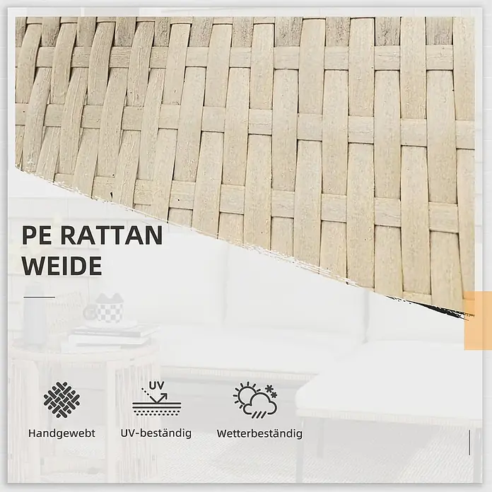 Outsunny Loungemöbel-Set - 3 -tlg., Metall, PE-Rattan, Polyester, Sitzkissen, Cremeweiß - Handgewebtes hellbeiges PE-Rattan-Geflecht, UV- und wetterbeständig.
