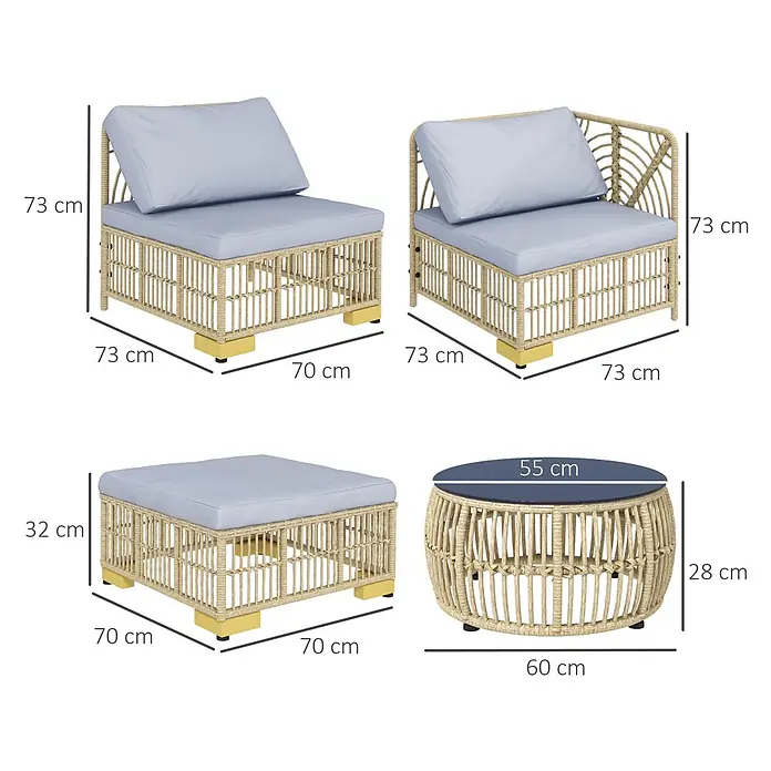 Outsunny Loungemöbel-Set - 5 -tlg., Stahl, PE-Rattan, Polyester, Sitzkissen, Beige+Grau - Modulares Rattan-Lounge-Set für den Außenbereich mit hellblauen Kissen und rundem Couchtisch mit dunkelblauer Platte.