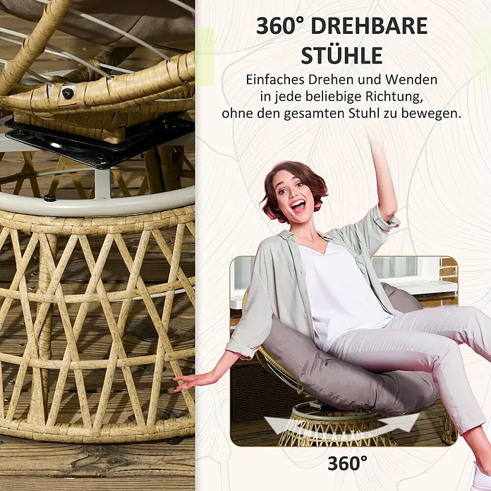 Outsunny Loungemöbel-Set mit Tisch - 3 -tlg., PE Rattan, Stahl, Polyester, 360° Drehbare Stühle, Kaffee - Rattansessel mit 360° Drehfunktion, die einfaches Wenden in jede Richtung ermöglicht.