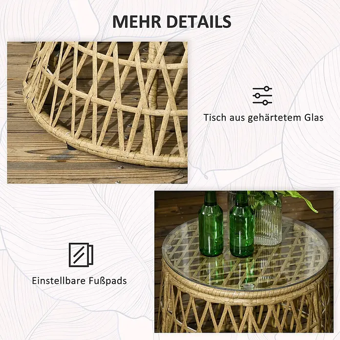 Outsunny Loungemöbel-Set mit Tisch - 3 -tlg., PE Rattan, Stahl, Polyester, 360° Drehbare Stühle, Kaffee - Runder Tisch aus Naturrattan mit gehärteter Glasplatte und verstellbaren Fußpads.